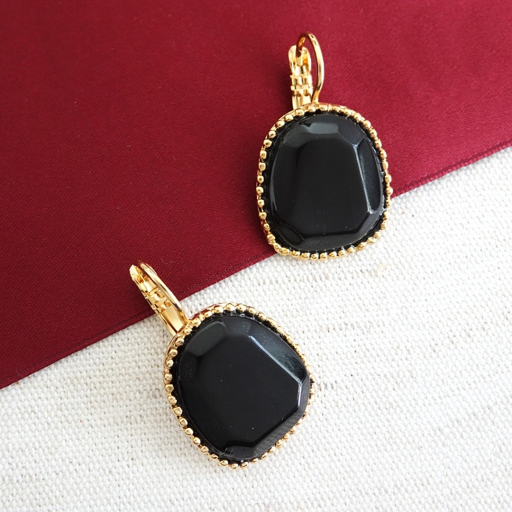 Black Onyx Earrings. Gold Bevel Setting, NWT